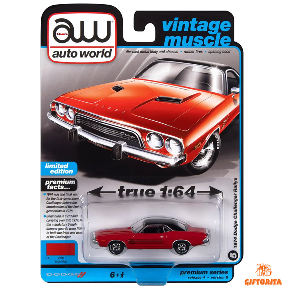 Auto World 1:64 Die Cast – 1974 DODGE CHALLENGER RALLYE - RED/BLACK ROOF