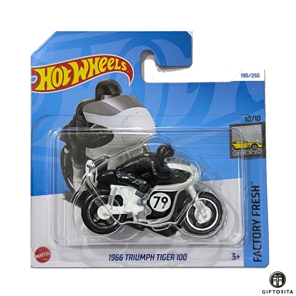 Hot Wheels Regular Short Card – 1966 Triumph Tiger 100 – 10/10 & 190/250 – Black & white