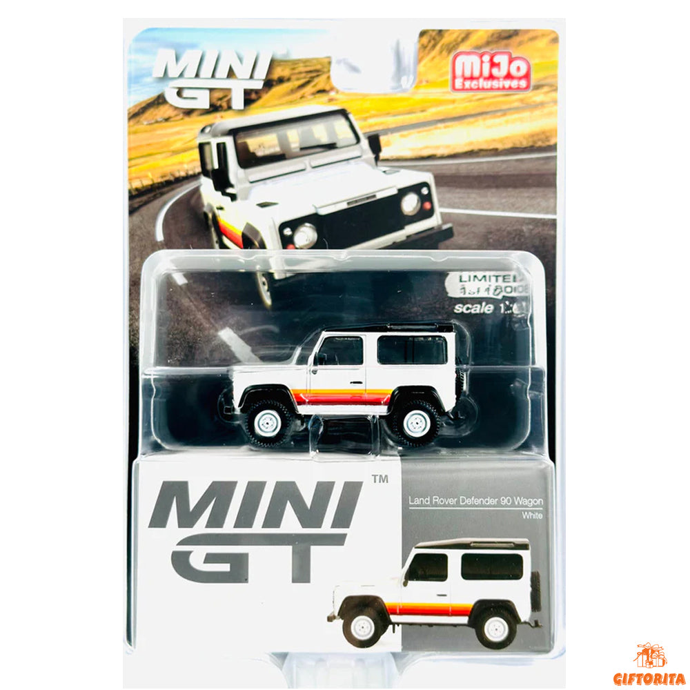 MINI GT 1:64 Die Cast # 375 (P00947) – MIJO EXCLUSIVES LAND ROVER DEFENDER 90 WAGON WHITE – Limited 1 of 1800