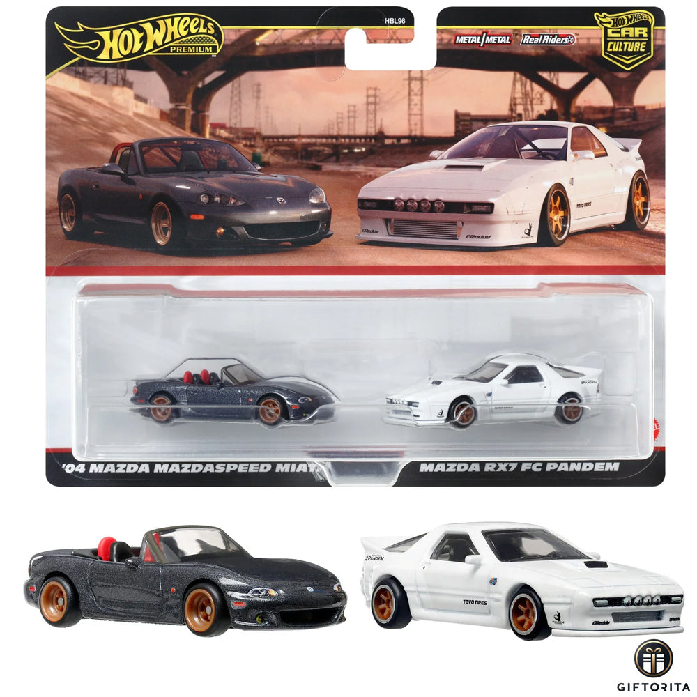 Hot Wheels Premium 2 Pack Set (P00009) – CAR CULTURE – 04 Mazda Mazdaspeed Miata And Mazda RX7 FC Pandem
