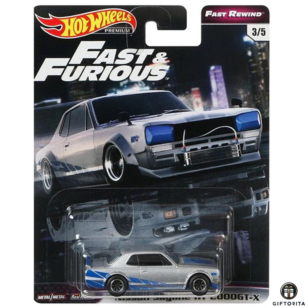 Hot Wheels Premium Single 3 – FAST REWIND – Nissan Skyline HT 2000GT-X – 3/5 – Silver/blue