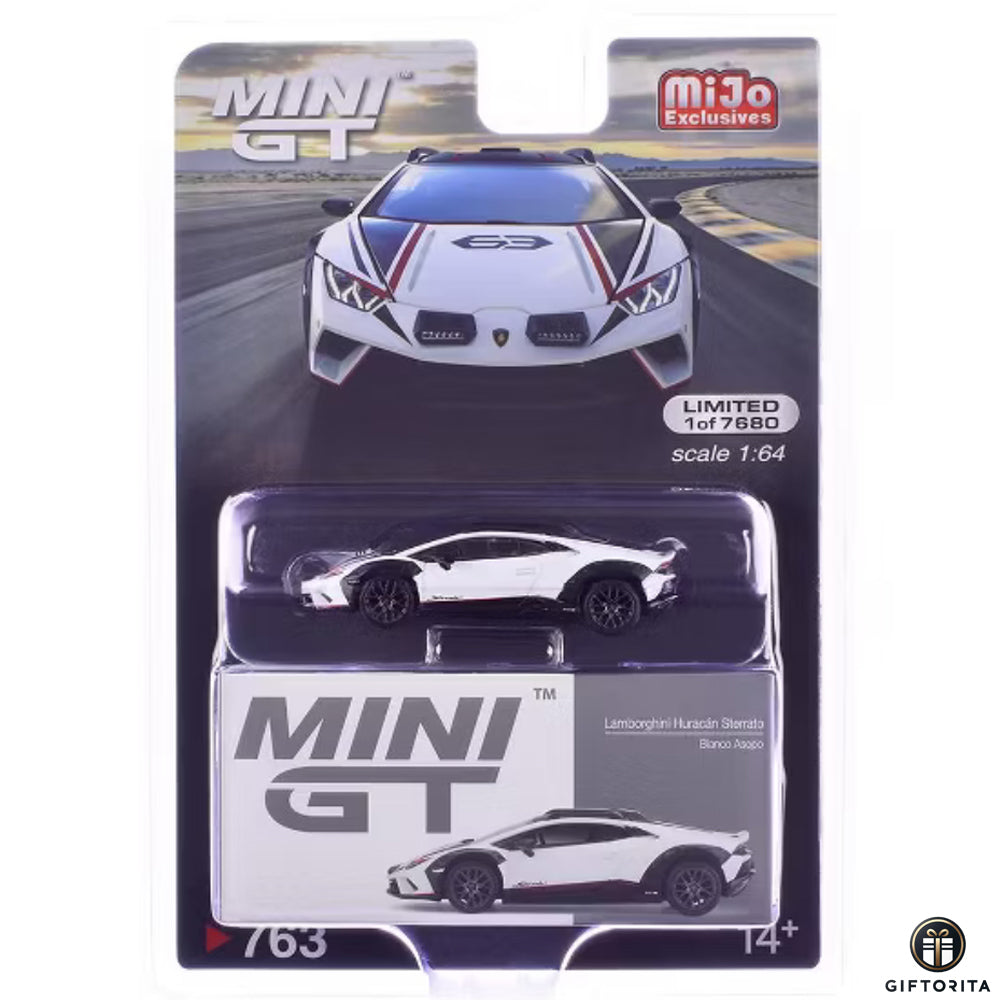 MINI GT 1:64 Die Cast # 763 (P00947) - Lamborghini Huracán Sterrato – Bianco Asopo – MiJo Exclusives