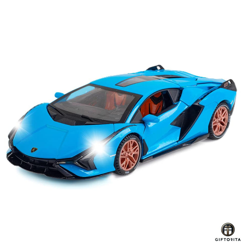 Die Cast 1:24 CHE ZHI (P01677) - HONGQI Lamborghini Sian FKP37 - Blue - Model Car with Dispiay Case