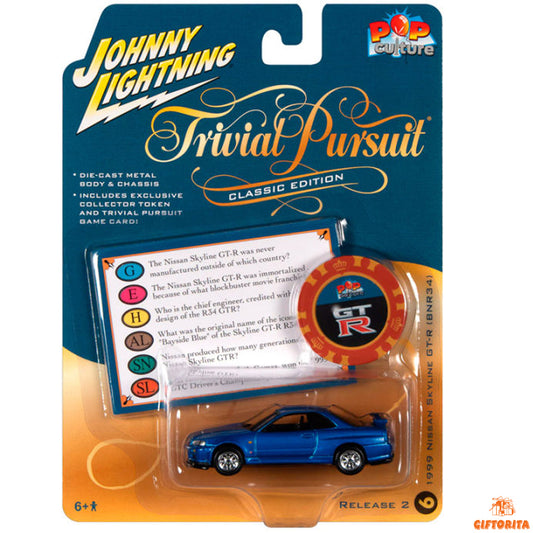 Johnny Lightning 1:64 Die Cast – POP Culture – 1999 Nissan Skyline GT-R BNR34 Blue Trivial Pursuit Classic Edition