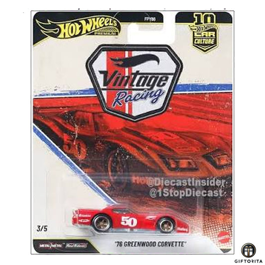 Hot Wheels Premium Single  - Car Culture # Vintage Racing- 76 Greenwood Corvette- 3/5- Red