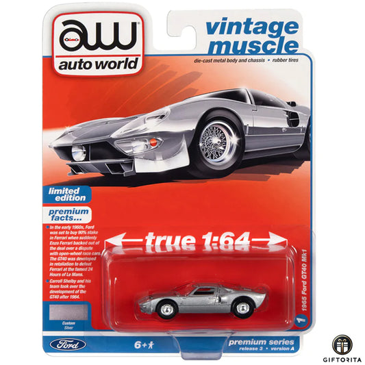 Auto World 1:64 Die Cast 8 – Vintage Muscle – 1965 Ford GT40 MK1 – Silver – Limited Edition