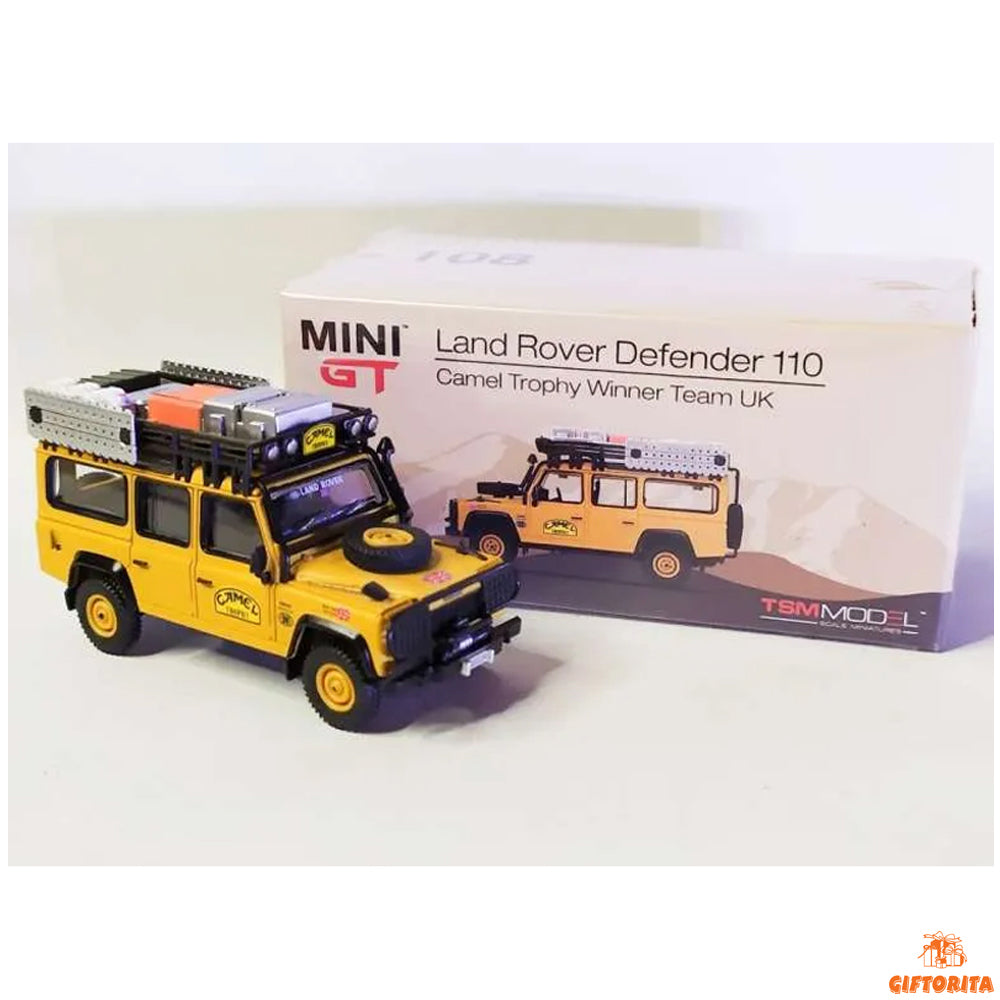 MINI GT 1:64 Die Cast # 108 – Land Rover Defender 110 Camel Trophy Winner Team UK (TSM Model)