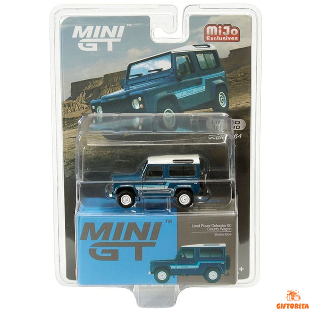 MINI GT 1:64 Die Cast # 353 (P00947) – TSM MODEL MINI GT MIJO EXCLUSIVES LAND ROVER DEFENDER 90 COUNTY WAGON STRATOS BLUE – Limited 1 of 1020