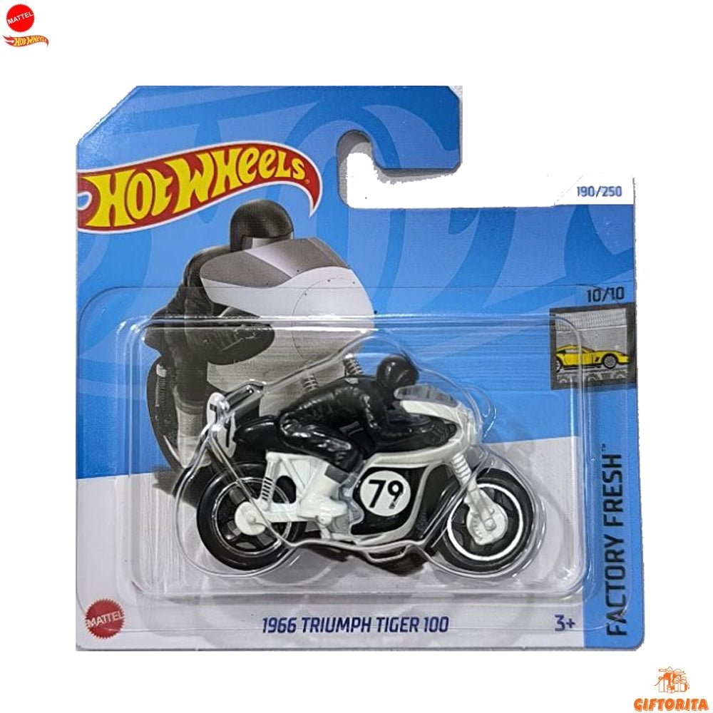 Hot Wheels Regular Short Card – 1966 Triumph Tiger 100 – 10/10 & 190/250 – Black & white