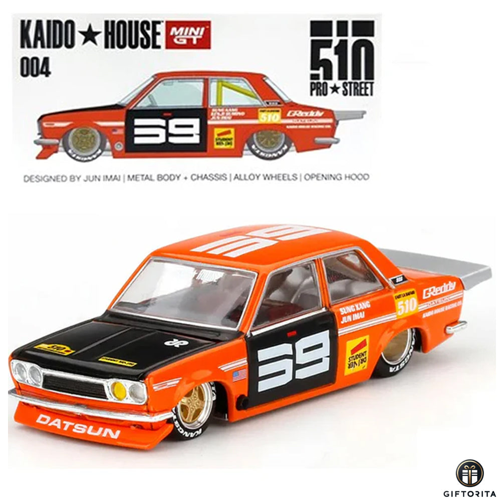 MINI GT 1:64 Die Cast – KAIDO * HOUSE 004 (P00110) – Datsun 510 Pro Street SK510 Orange