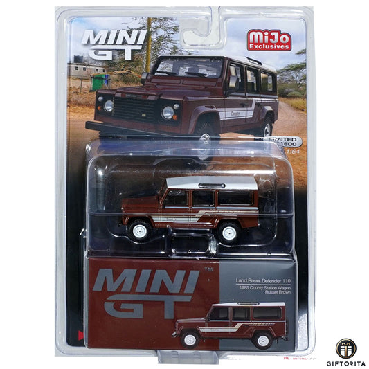 MINI GT 1:64 Die Cast # 734 (P00947) - Land Rover Defender 110 1985 County Station Station Wagon Russet Brown - MiJo Exclusives