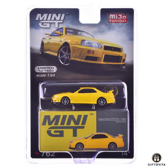 MINI GT 1:64 Die Cast # 762 (P00947) - Nissan Skyline GT-R (R34) V-Spec – Lightning Yellow- MiJo Exclusives