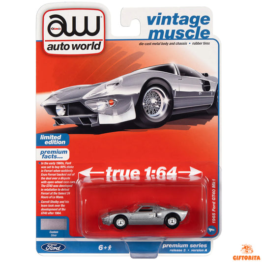 Auto World 1:64 Die Cast 8 – Vintage Muscle – 1965 Ford GT40 MK1 – Silver – Limited Edition